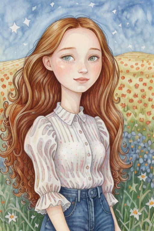 06438-1717921809-cartoon of SiofraCipher, small smile, wavy hair, wearing a peasant blouse and jeans, in a field of dreams.png